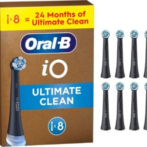 Oral-B iO Ultimate Clean Original Electric Toothbrush Heads, Black - Pack of 8, Replacement Heads with Angled Bristles for Deep Plaque Removal, Long-Lasting Multi-Pack for Home and Travel